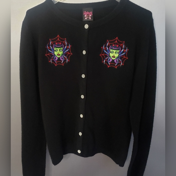 WOMANS PREOWNED LUCKY 13 APPAREL BLACK BUTTON SWEATER WITH SPIDER CHARACTER SZ M - Picture 2 of 9